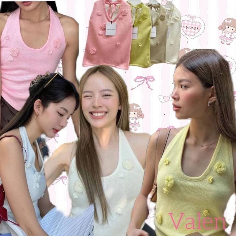 🍒Natacha_Fashion🍒งานป้ายvalenเสื้อคล้องคอผ้าถักไหมพรม ดีเทลเย็บติดดอกไม้3มิติ