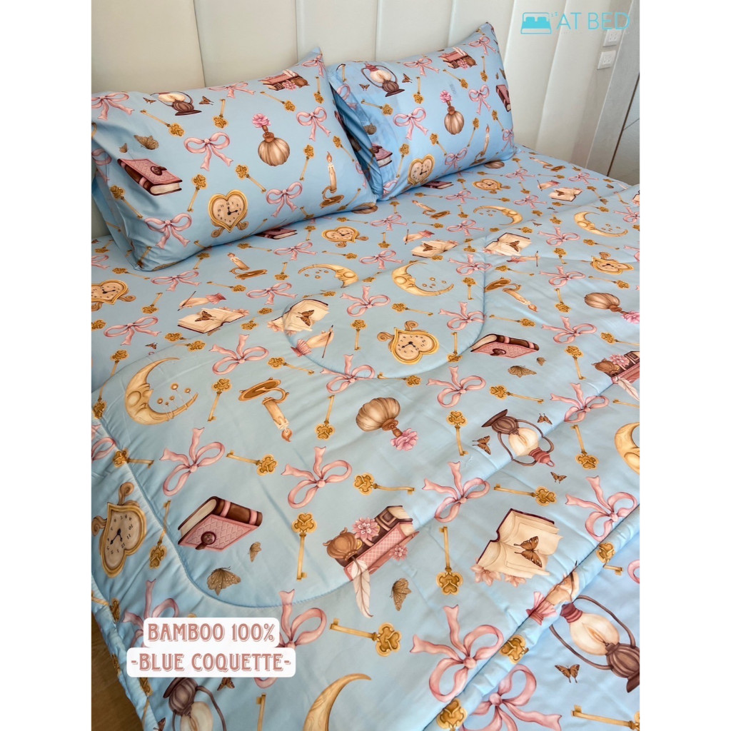 ชุดผ้าปู-ผ้านวม เนื้อผ้า Bamboo 100% ทอ 1000 เส้นด้าย ลาย โบว์ฟ้า ผ้าเยื่อไผ่ เย็นสบายที่สุด