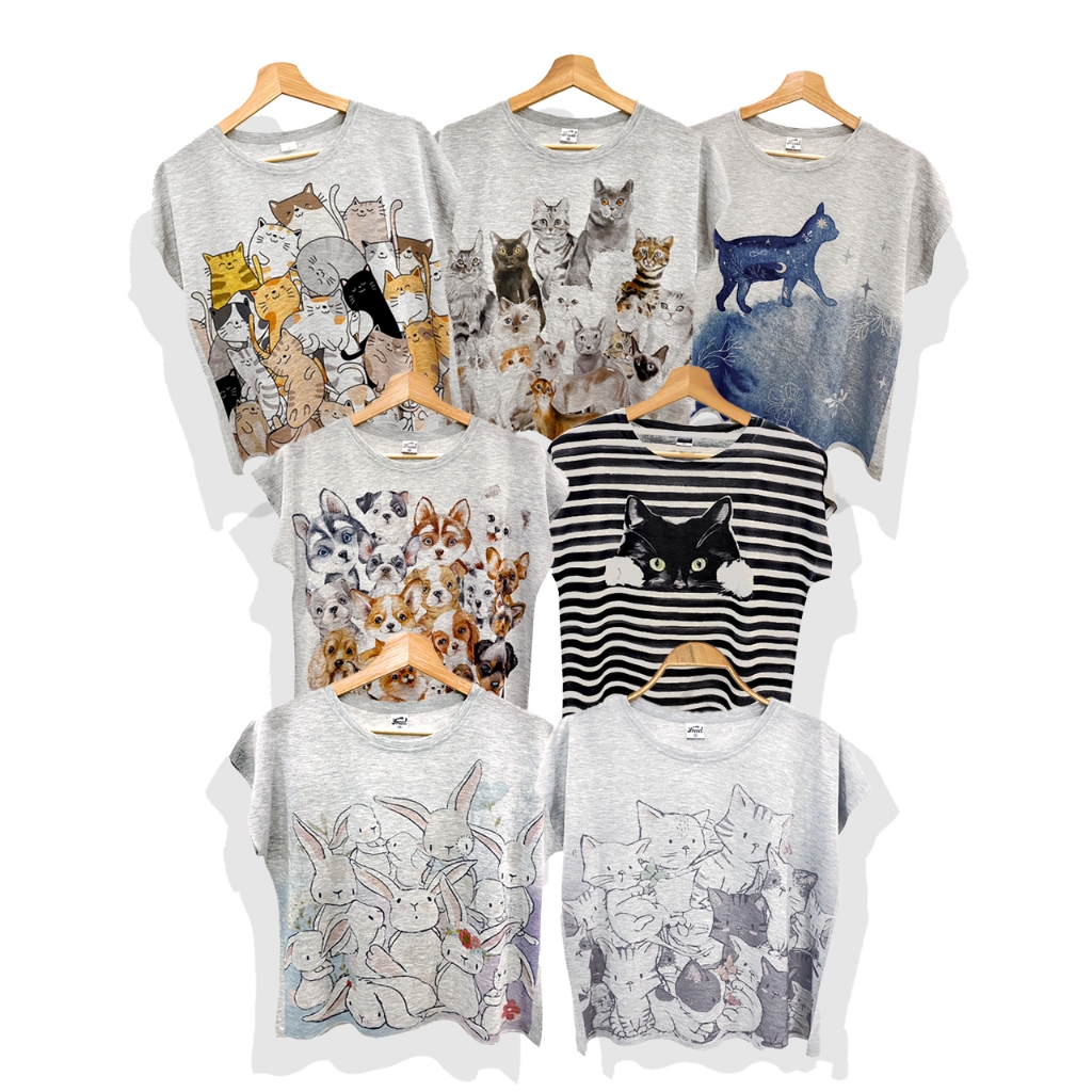Freedเสื้อยืดแขนเลย สีเทา ลายแมว น่ารัก ผ้าไม่ต้องรีด