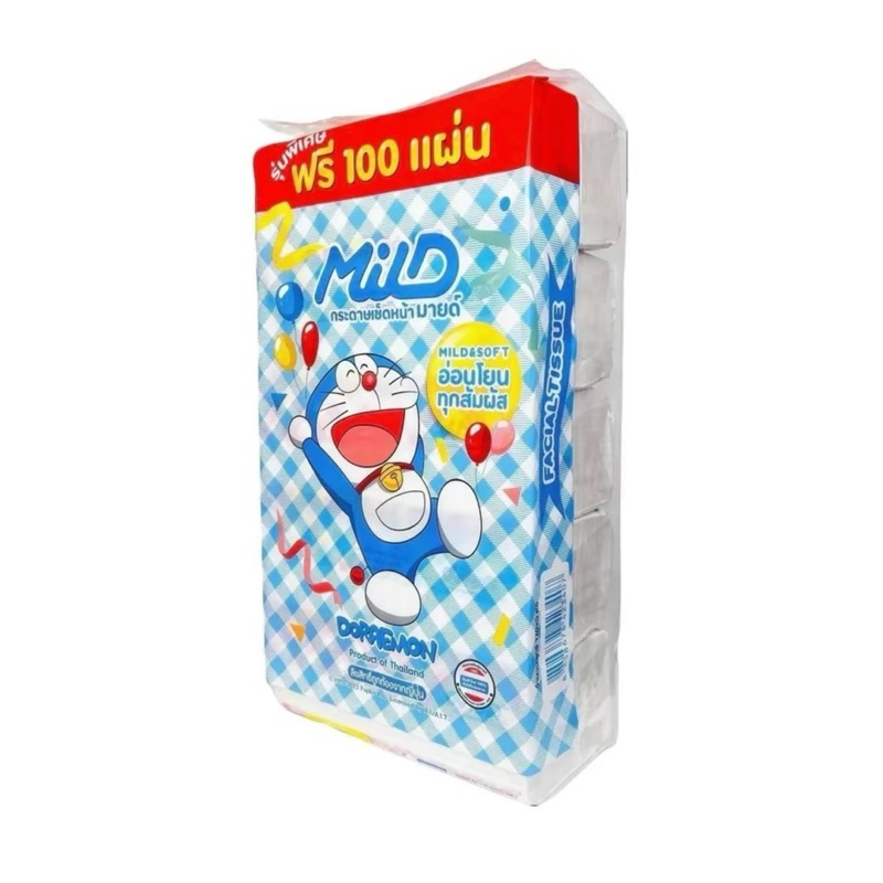 MILD DORAEMON กระดาษทิชชู่เช็ดหน้ามายด์โดราเอมอน 150+20แผ่น ยกแพ็ค5ห่อ
