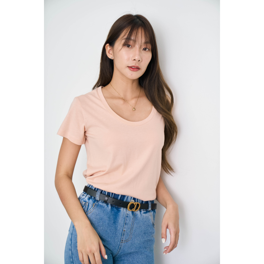 Pela.bkk - Airy U top เสื้อยืดคอยู สีพีชอ่อน salmon