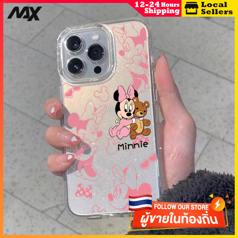 ผงเพชรแผ่นโปร่งใส เทรนด์แฟชั่น มิกกี้เมาส์สีชมพู for 11 12 13 15 14plus 15 pro max XR 12 13pro 14 7P 8P XS 14Pro 11pro