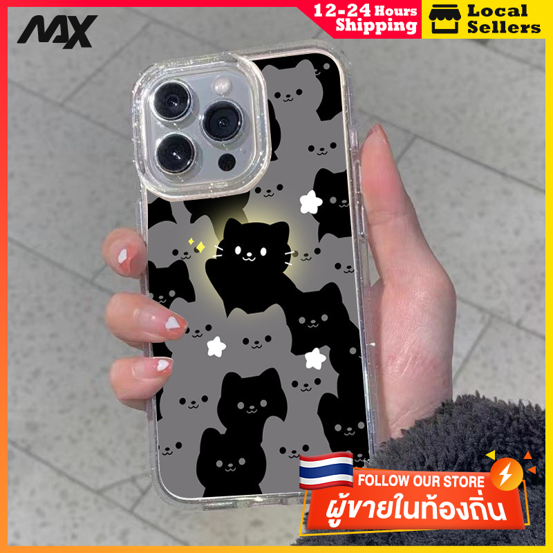 ผงเพชรแผ่นโปร่งใส เทรนด์แฟชั่น แมวดำส่องสว่าง for 11 12 13 15 14plus 15 pro max XR 12 13pro 14 7P 8P XS 14Pro 11pro