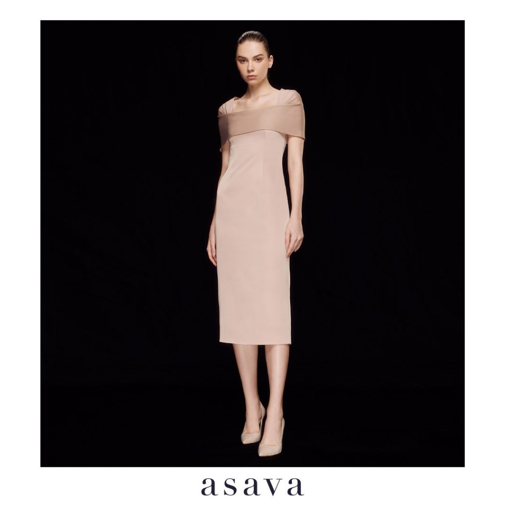 [asava ss24] Ashlyn Draped Wrap Dress เดรสผู้หญิง ทรงเข้ารูป คอสี่เหลี่ยมคางหมู แต่งเดรปบริเวณไหล่ แต่งตะเข็บด้านหน้า