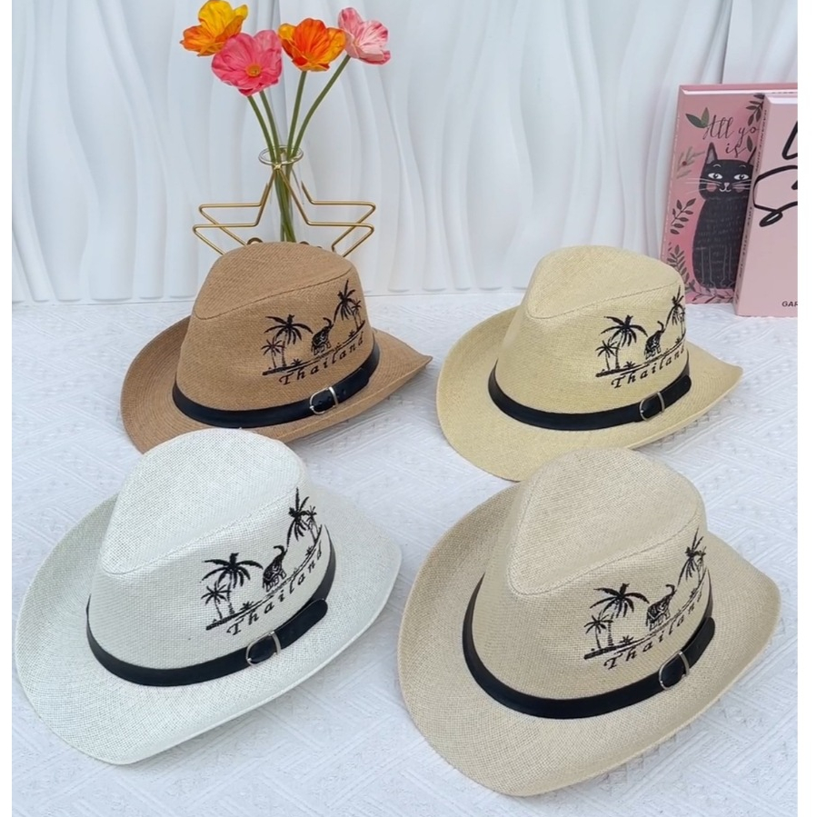 หมวกสานชาย ทรงคาวบอย แต่งสกรีนช้างThailand สินค้าพร้อมส่งจากไทย B042