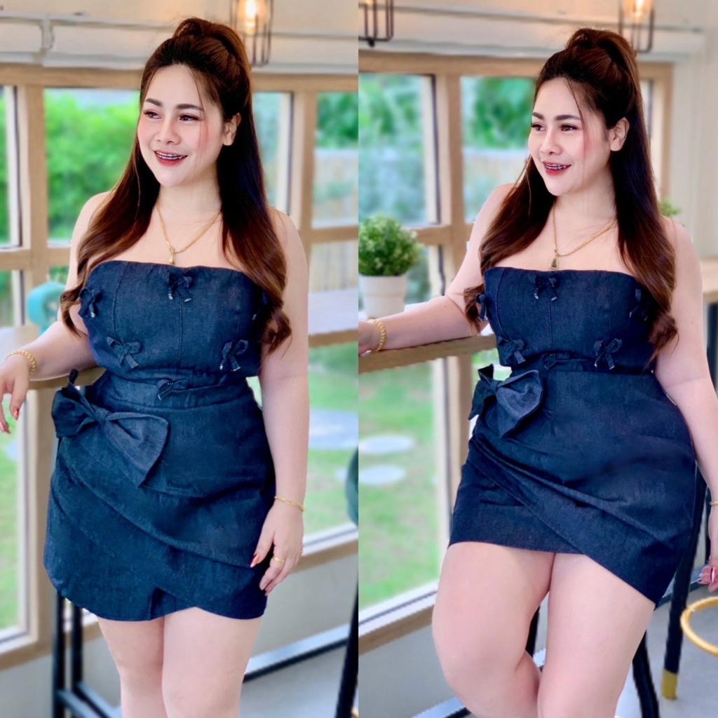 NT749 ชุดเซ็ทยีนส์ สาวอวบงานผ้ายีนส์แท้ เอวสม็อกหลัง เสื้อมีฟองน้ำ ข้างหลังตอกตาไก่ปรับไซต์ตามตัว