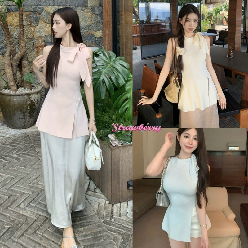 STR พร้อมส่ง เสื้อกล้ามไหมพรมผู้หญิง croptop คอกลมแขนกุดทรงยาว แต่งโบว์ช่วงไหล่ รัดรูปดูดี ดีเทลสายผูกโบว์น่ารักเกาหลีๆ