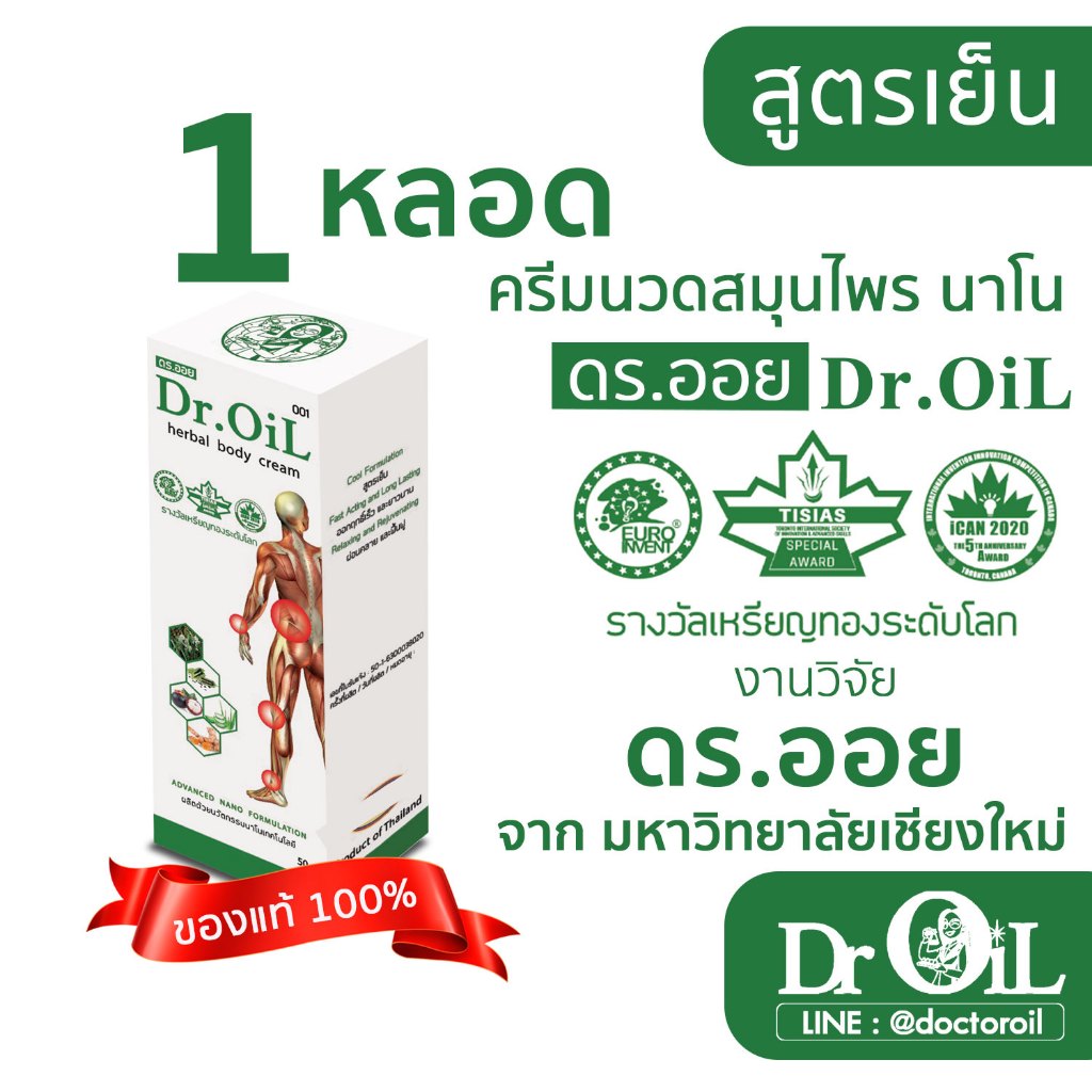 1 หลอด ครีมนวด Dr.Oil ครีมนวด ดร.ออย สูตรเย็น นวัตกรรมนาโนเทค งานวิจัยโดย ดร.ออย จากม.เชียงใหม่
