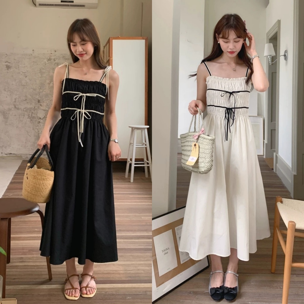พร้อมส่ง 2สี ครีม,ดำ เดรสยาวสายเดี่ยวแต่งโบว์ น่ารัก (D254)