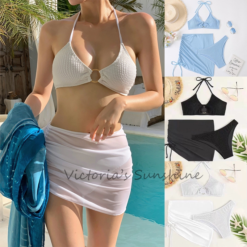 ไลฟ์สดลด50% ชุดว่ายน้ำ bikini บิกินี่คล้องคอ 3ชิ้น ผ้าอัดพลีทเกรดพรีเมี่ยม sexy bikini set#0172