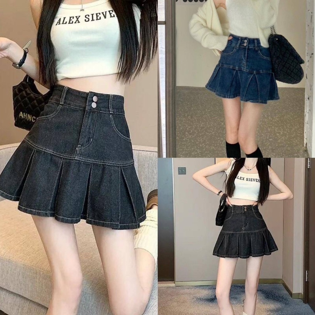 กระโปรงยีนส์ เอวสูงมีซับใน SIZE S-XL กระโปรงจีบสไตล์เกาหลี QIQJeans#054 Skirt ผู้หญิง Lady Women Clothing เสื้อผ้า