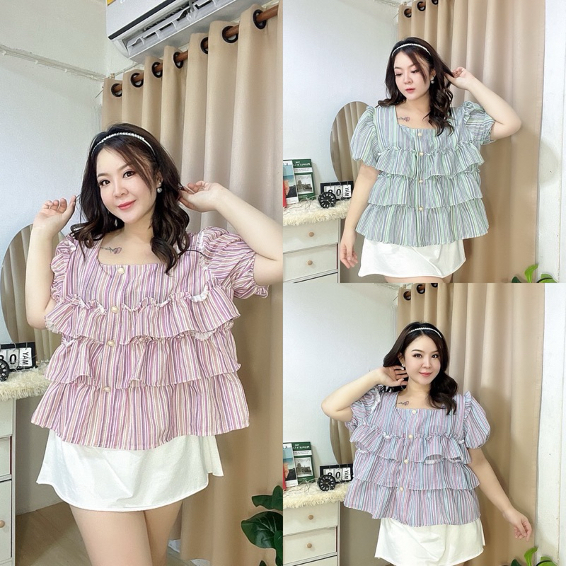 เสื้อคอเหลี่ยมบับเบิ้ลลายริ้ว ผ้าตามกระแสไม่มีไม่ได้แล้ว งานแต่งระบายขนมชั้นงานแต่งกระดุม รอบอก 40-48 นิ้ว