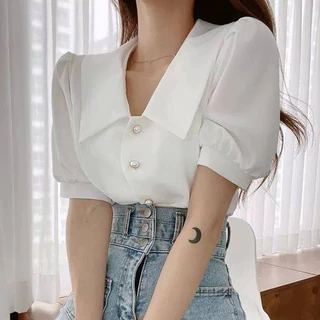 F26 🌻 เสื้อเชิ้ตสาวอวบแขนตุ๊กตา แต่งปกแหลมทรงเจ้าหญิง สีน่ารักมากก เนื้อผ้าใส่สบาย มีไซส์ใหญ่สุดได้ถึง 58-60 นิ้ว XXXXXL