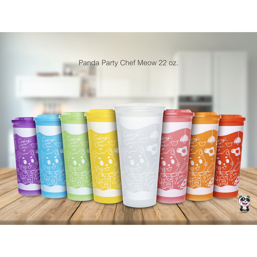 (แพ็ค20ชิ้น)แก้ว 22 ออนซ์ สกรีนลายพ่อครัวเหมียว + ฝา90มิล สีColorful