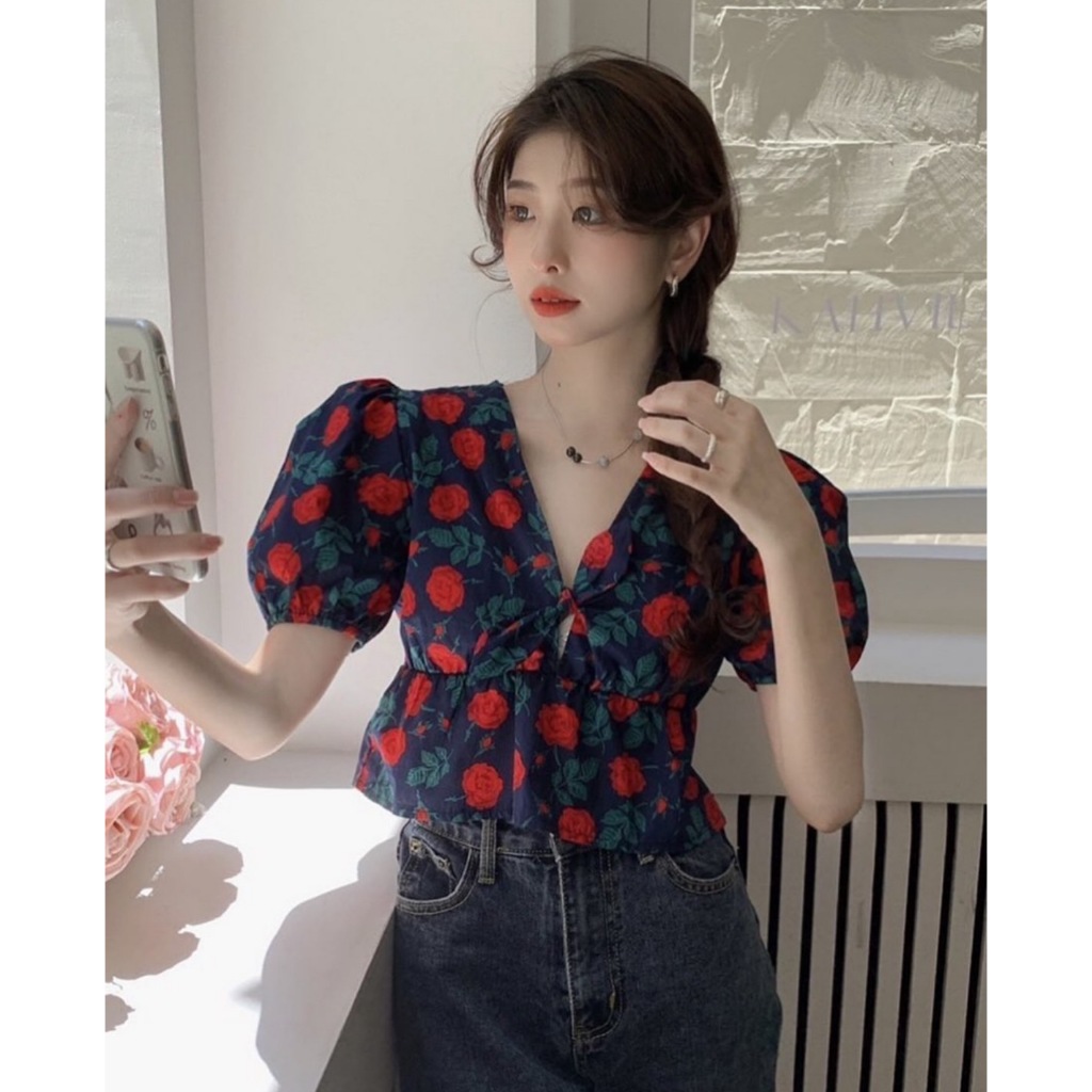060 R_Style เสื้อคอแขนพอง ลายดอกกุหลาบน่ารัก