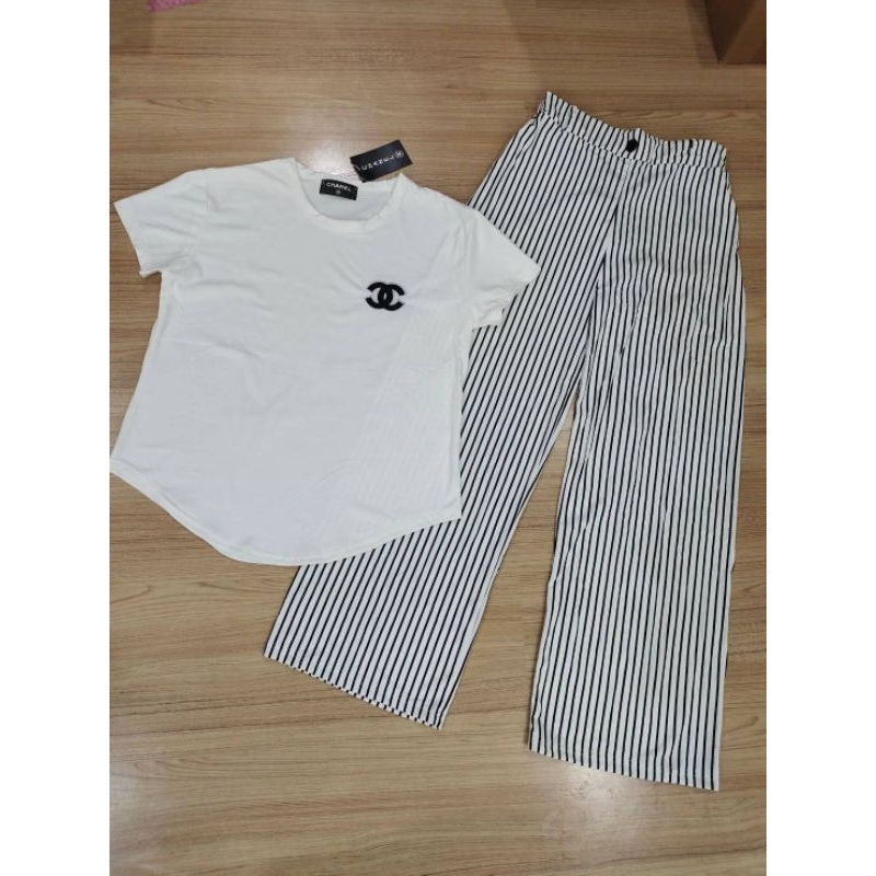 ชุดเช็ต​ chanel​ เสื้อ+กางเกงขายาวลายทาง