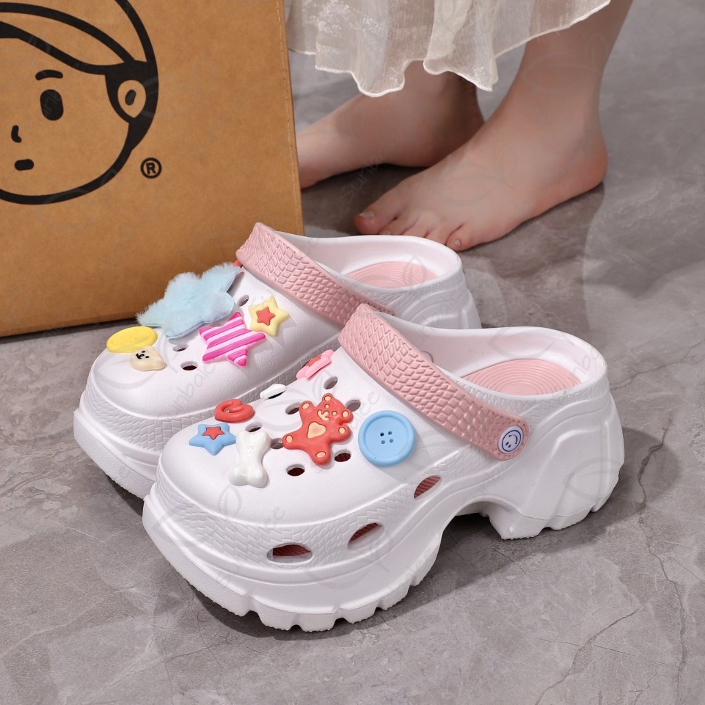 H509-DKB รองเท้าหัวโต แถมตัวติดแบบใหม่ เสริมส้นสูง 7 CM รองเท้ารัดส้น วัสดุ EVA สีพาสเทล ทูโทน สินค้าพร้อมส่ง