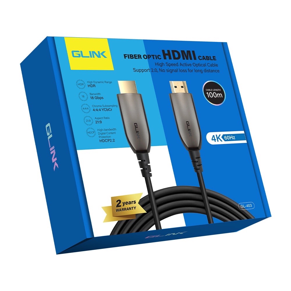 Glink GL-403 Cable HDMI Optical Fiber V2.0 4K 60Hz. 18Gbps 4:4:4 21:9 (10m/20m/30m/50m/70m/80m/100m)