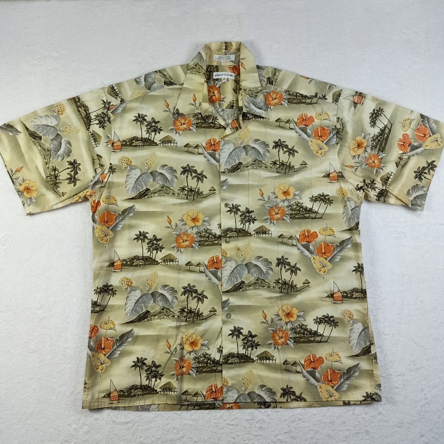 เสื้อฮาวาย Pierre Cardin Men Hawaiian Shirt Floral Short Sleeve 100% Cotton Sz XLarge