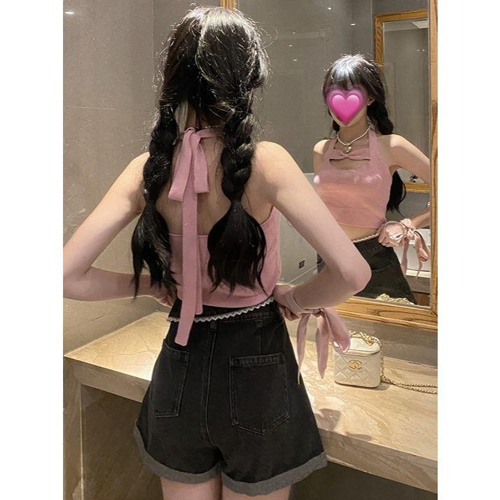 สาวหวานร้อนHalterneckกระโปรงผู้หญิงฤดูร้อนสวมใส่ด้านนอก 2024 เซ็กซี่Pure Desireแขนกุดด้านบนเสื้อกั๊ก