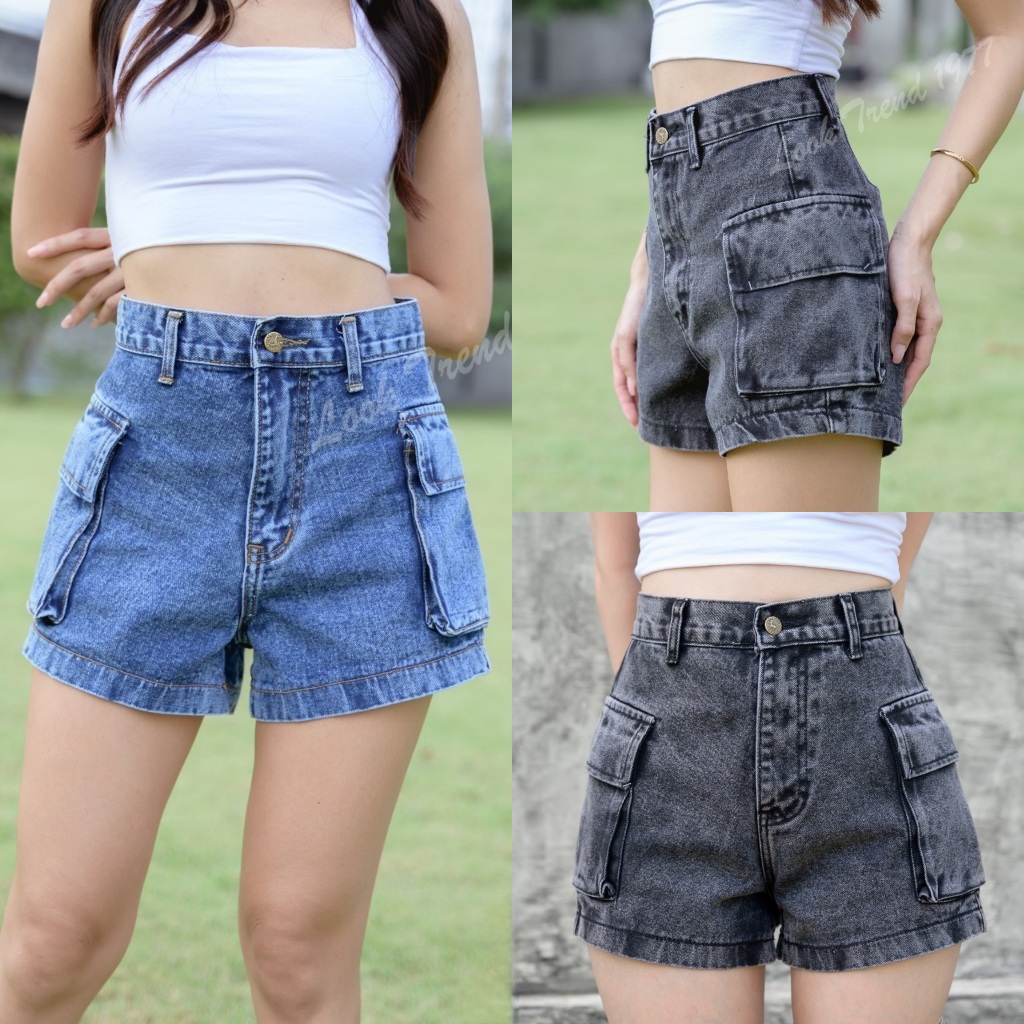 กางเกงยีนส์ขาสั้น กระเป๋าคาร์โก้ เอวสูงผ้ายีนส์ไม่ยืด งานฟอกทรงสวย