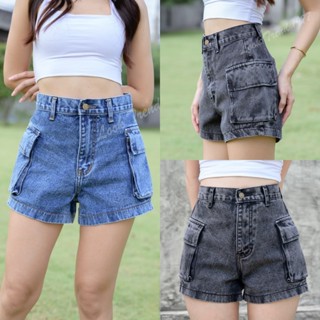 กางเกงยีนส์ขาสั้น กระเป๋าคาร์โก้ เอวสูงผ้ายีนส์ไม่ยืด งานฟอก…