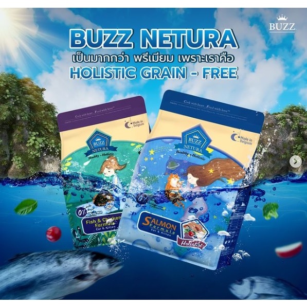 Buzz Netura บัซซ์ อาหารแมวโฮลิสติก-เกรนฟรี สูตรเนื้อปลาและไก่ สูตรแซลมอน ขนาด 1 กิโลกรัม