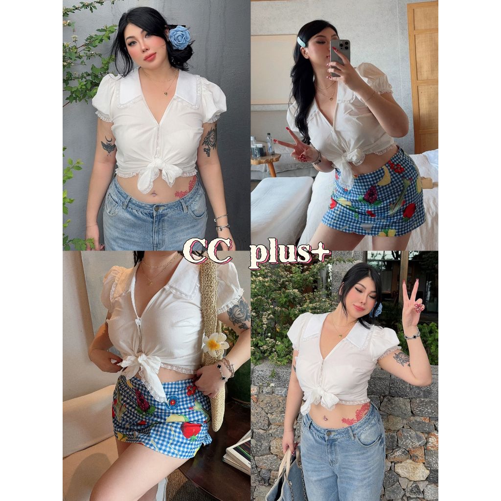 Cici Plus+(3305) เสื้อคอปก แขนตุ๊กตา งานคล้องตะขอ มีสายผูกหน้าได้ แต่งชายลูกไม้ระบาย หวานเซ็กซี่