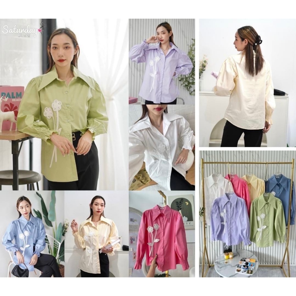 ป้าย Saturday เสื้อเชิ้ตแขนยาวแต่งอะไหล่ดอกไม้ อก 42 นิ้ว – โปรปัง