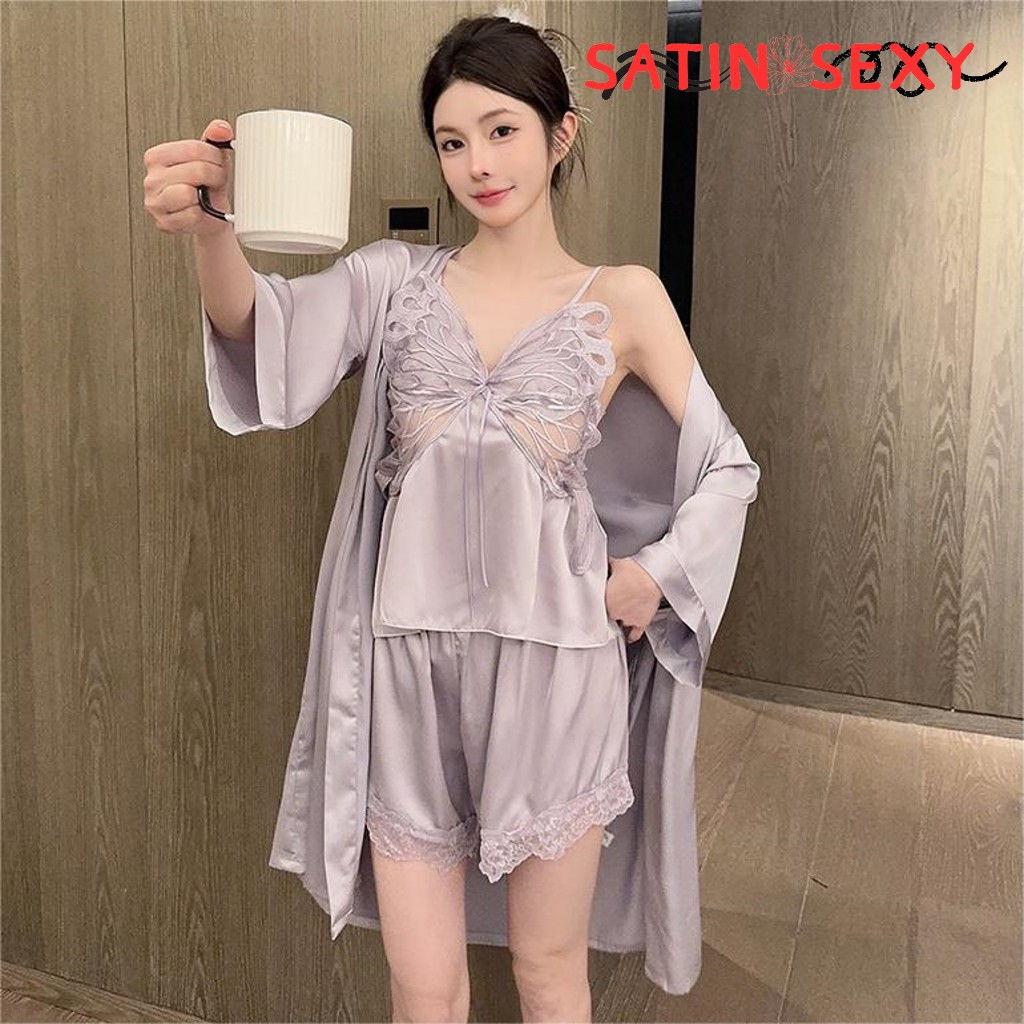 SATIN SEXY ชุุดนอนเซ็ต 2ขิ้น ชุดนอนซาติน ชุดนอนสายเดี่ยว 🦋 มีไซส์ใหญ่ M-5XL นน 40-100kg. แต่งอกผีเสื้อน่ารัก S-566