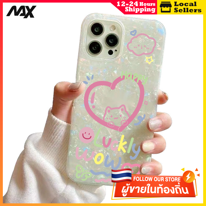 เคสไอโฟน13 กรณีเชลล์รูปแบบกระดาษแข็ง แมวหัวใจ for IPhone 13 15 7Plus 14 12 11 Pro MAX 8 6 7 6S Plus X XR XS