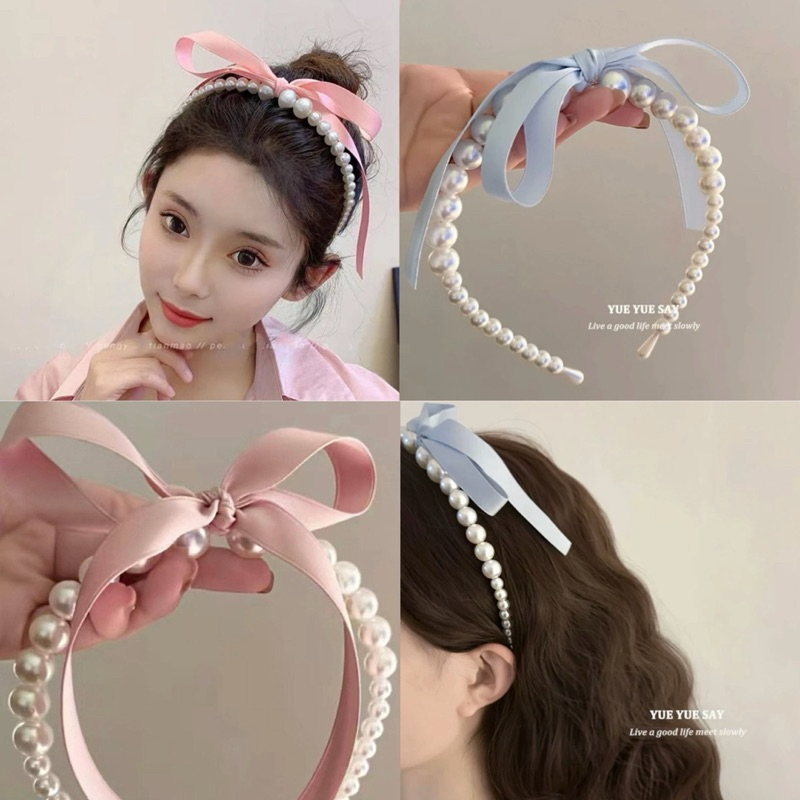 ที่คาดผมประดับไข่มุกผูกโบว์ เครื่องประดับผม