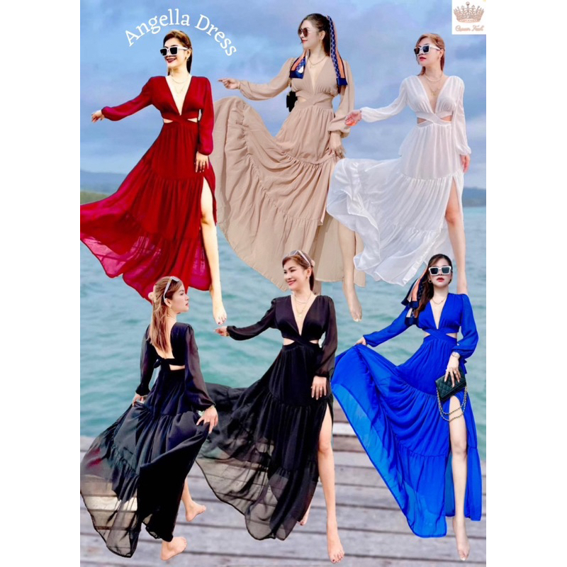Angella Dress #เดรสชีฟอง #ชุดว่าพรีเวดดิ้ง #เดรสไปทะเล #ชุดอลัง #ชุดขาว #ชุดสีแดง #ชุดสีดำ #รุ่นใหม่