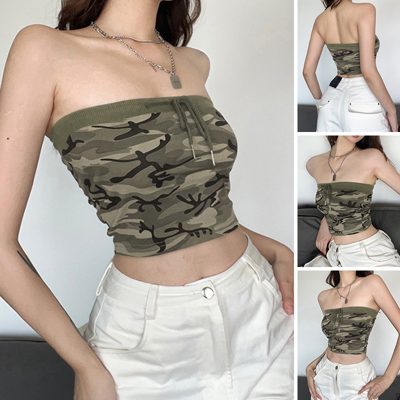 เสื้อสตรี, พรางพิมพ์ด้านหน้า Drawstring Strapless ตัดด้านบน เสื้อกั๊ก Slim Fit Backless