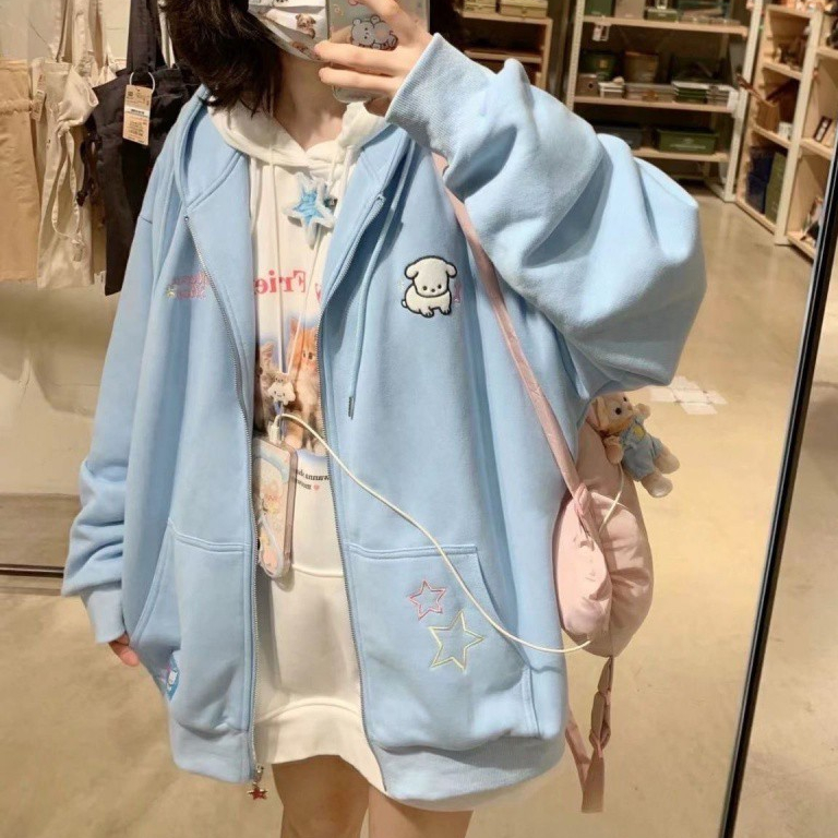 เสื้อกันหนาว น้องหมาดาวน่ารักหวานปักเสื้อคาร์ดิแกนมีฮู้ดหลวมและอเนกประสงค์ เสื้อกีฬา มี 3 สีให้เลือก