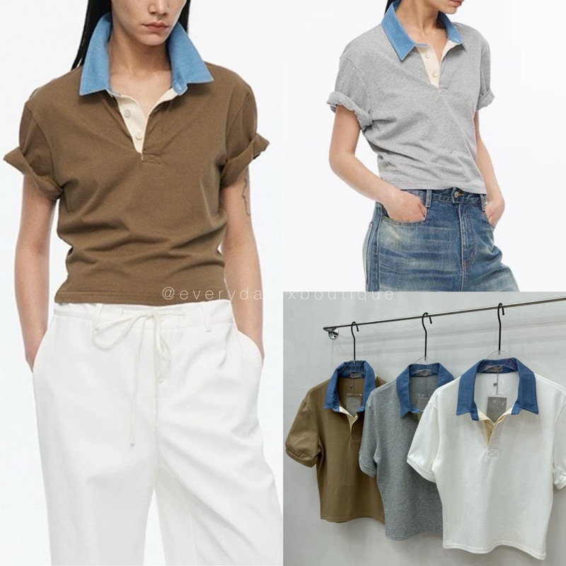ℕ𝕖𝕨 𝔸𝕣𝕣𝕚𝕧𝕒𝕝𝕤 denim collar x polo top (420฿) เสื้อคอปก Polo แขนสั้น ดีเทลตัดต่อสีทูโทนสลับสีพื้น ดูดีมีเทสมากๆ akkara