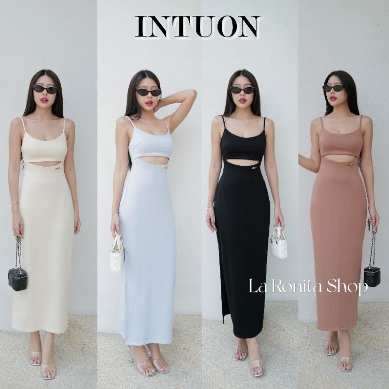 ꫛꫀꪝ ---TAG INTUON เดรสยาวสายเดี่ยว เว้าเอว ติดโลโก้ช่วงเอว INTUON อะไหล่ทอง สวยหรูสุดๆ เนิ้อผ้าไม่บางหนานิ่ม สายปรับได้