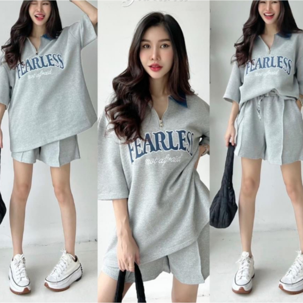 มาใหม่ ชุดเซท เสื้อคอปกซิปหน้า เเขนสั้น-ขาสั้น ผ้าหนานุ่ม ฟรีไซส์