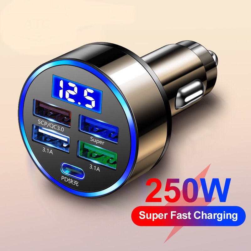 250W🔥ของมาใหม่ หัวชาร์จรถยนต์ 12V 24V การขยาย5พอร์ต 4USB 1PD TypeC Car Charger ที่ชาร์จในรถ