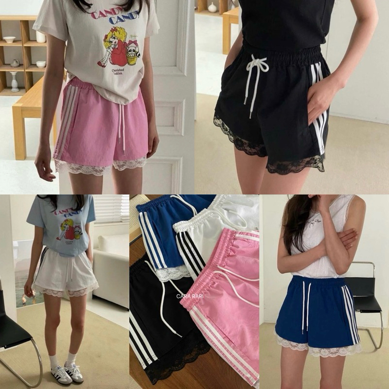 ส่งด่วน 🛵 LACE NYLON SHORTS 🇰🇷 กางเกงขาสั้นผ้าร่ม ชายกางเกงแต่งขอบลูกไม้ แพทเทิ้ลสวยมาก