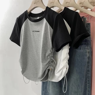 เสื้อครอปสาวอวบน่ารัก oversize เสื้อผ้าแฟชั่นเกาหลีมาใหม่ เสื้อยืดเชือกรูดข้างสวยๆผู้หญิงที่กําลังฮิต สีทูโทน ผ้าใส่สบาย