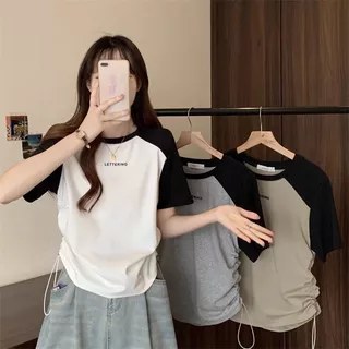 เสื้อครอปสาวอวบน่ารัก oversize เสื้อผ้าแฟชั่นเกาหลีมาใหม่ เสื้อยืดเชือกรูดข้างสวยๆผู้หญิงที่กําลังฮิต สีทูโทน ผ้าใส่สบาย