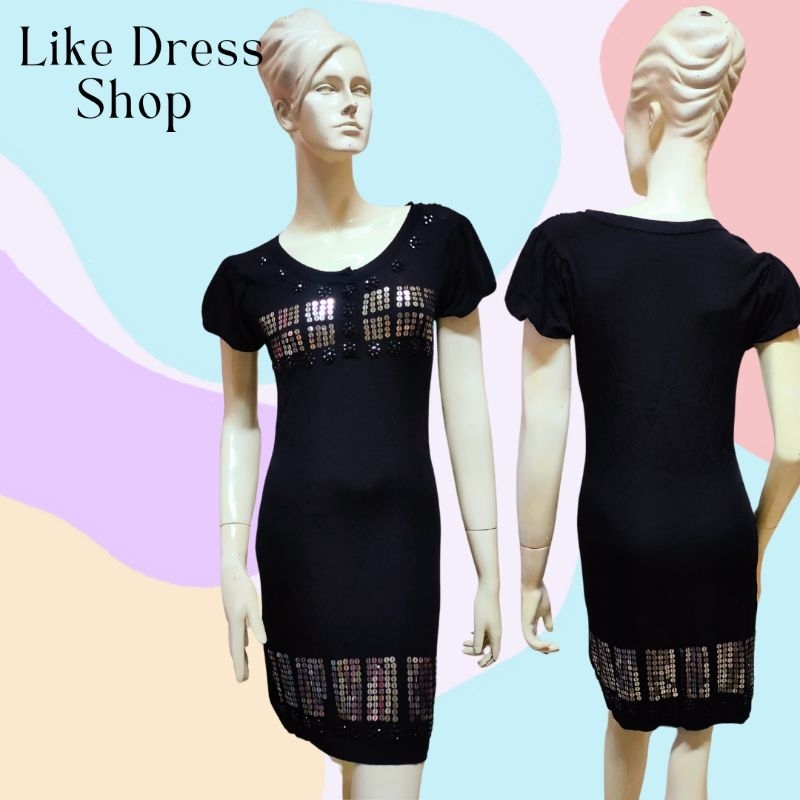 MNG Suit Used S เดรสสั้นไหมพรมดำประดับเลื่อมและพลอยดำ ผ้านิ่มยืด ไม่ซับ ไม่ซิป ก่อนยืด 32-28-34 ยาว 