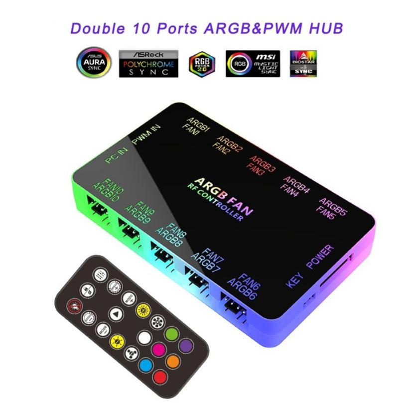 กล่องควบคุมไฟ ARGB Fan hub RF Controller double 10port 4pin PWM+3pin 5V