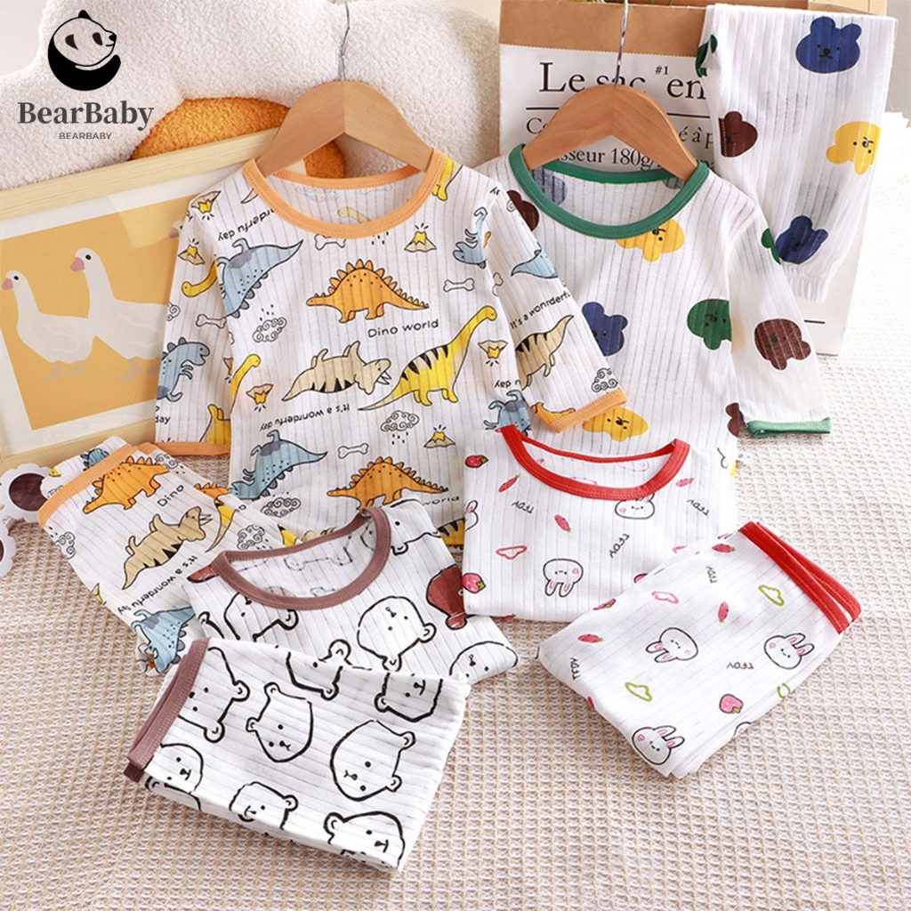 ชุดใส่ในบ้าน ชุดนอนเด็ก เซท2ชิ้น เเขนยาวขายาว ผ้ายืดได้ ลายสวย ขอบสีน่ารัก