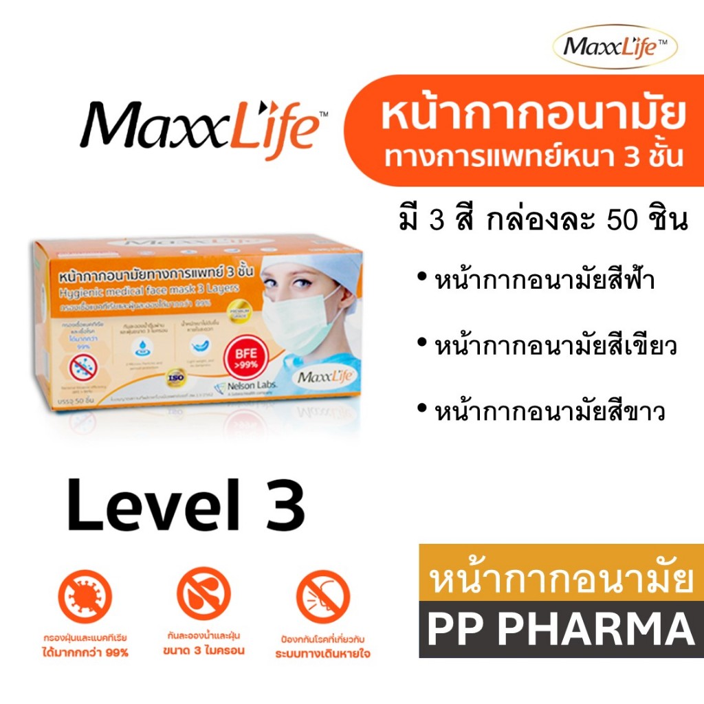 Maxxlife Mask หน้ากากอนามัย ทางการแพทย์ หน้ากาก ปิดจมูก 3 ชั้น