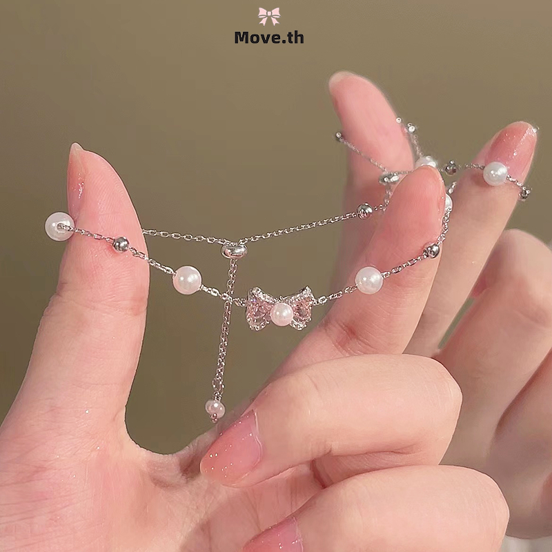 ในไทย-พร้อมส่ง✨สร้อยข้อมือ ประดับโบว์ ประดับไข่มุก สีชมพู น่ารักหวาน Insสไตล์เกาหลี แฟชั่นสําหรับผู้หญิง สแตนเลส ปรับขนา
