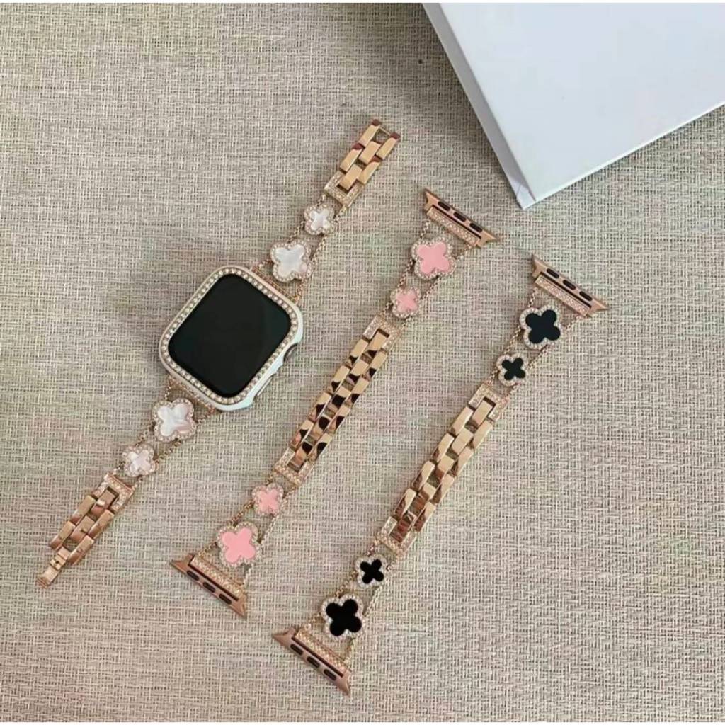 สายสแตนเลส ลายดอกไม้ โซ่สีโรสโกล สามรถปรับขนาดตามข้อมือได้ สายนาฬิกาsmart watch size 38/40/41mm 42/44/45/49mm
