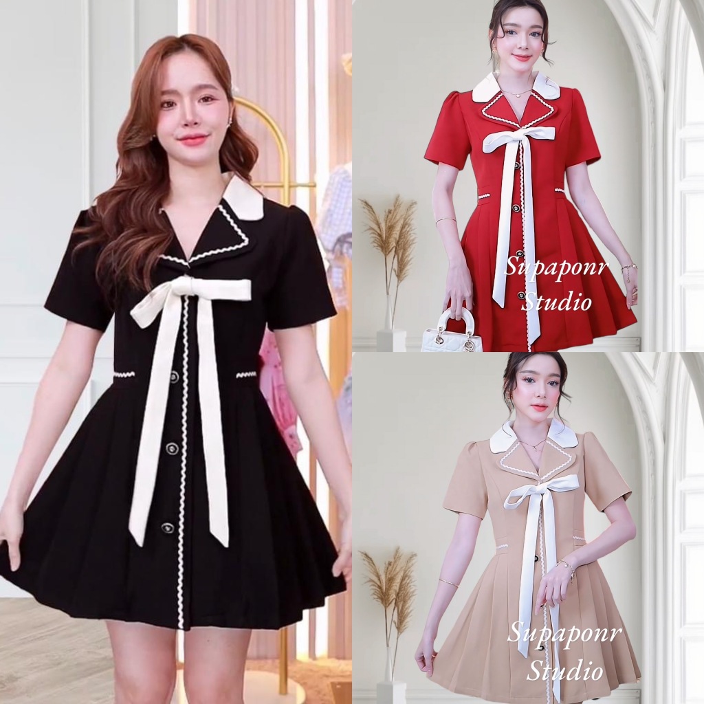 งานป้าย Bellita J192 การันตีเสื้อผ้าคุณภาพมินิเดรสสีดำ,สีแดง,สีครีม คอปก แขนสั้นมีโบว์กลางอกแต่งกระดุมหน้าซิปหลัง