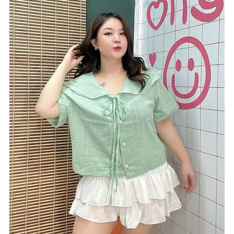 เสื้อสาวอวบ เสื้อคอตตอนลายฉลุปัก แขนสั้น ผ้าบางเบา คอปกทหาร หน้าผ้า 50“ อก 42-48”
